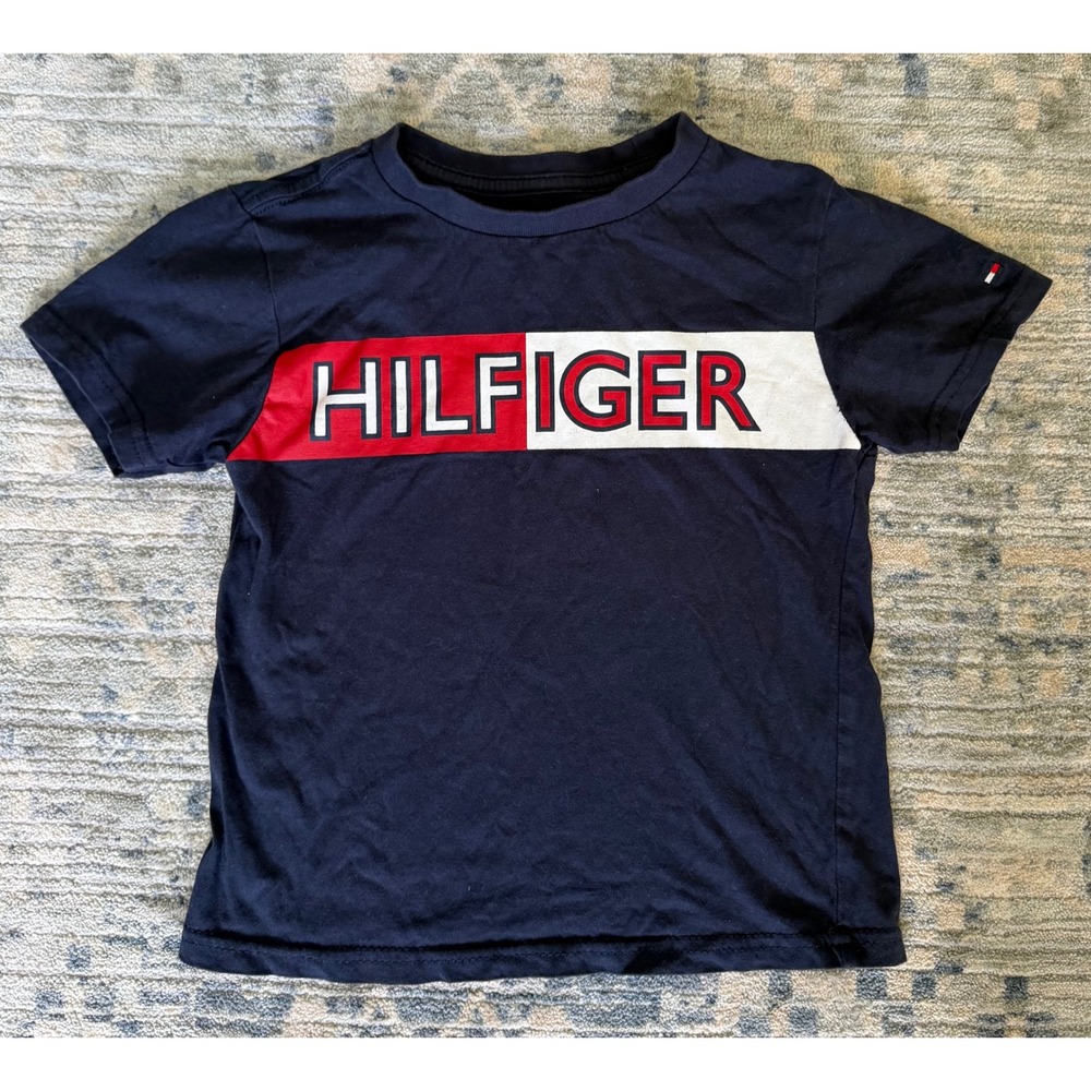Tommy Hilfiger Boys Navy Blue Colorblock Logo T-Shirt Size 3T Short Sleeve Tee